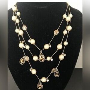 Betsy Johnson Three Strand Rhinestone Faux Pearl Leopard Tear Drop Necklace